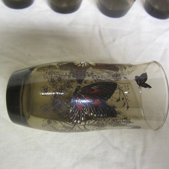 RETRO SET OF 6 TUMBLERS, SMOKEY GLASS W/BUTTERFLY DESIGN - Picture 7 of 9